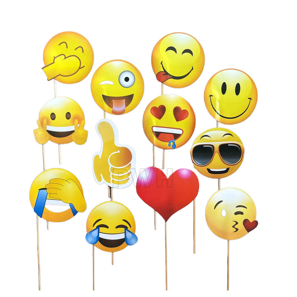 Emoji theme party photo booth props set with colorful fun designs for birthday parties, kids' celebrations, school events, and selfie booths from Party Wholesale Hub India.