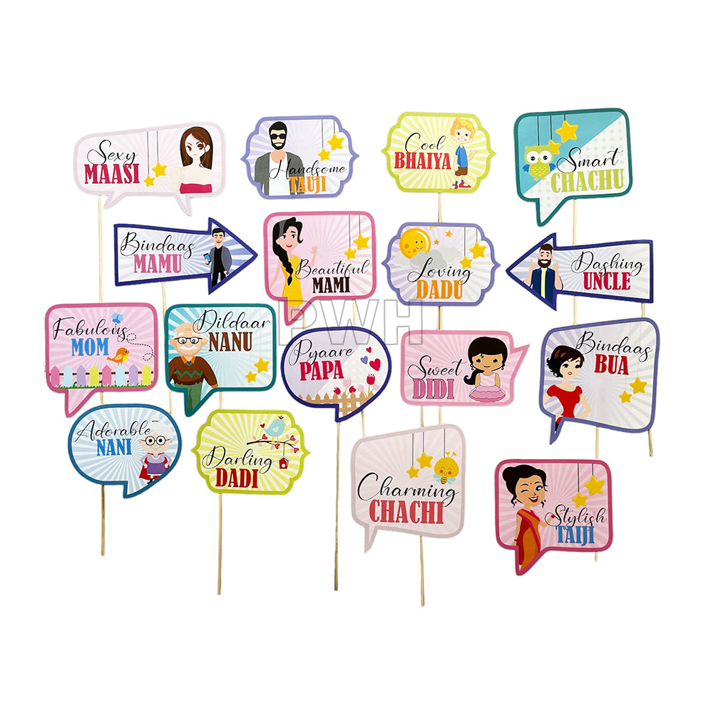 Family Member party photo booth props set with fun printed family-themed designs for birthdays, weddings, anniversaries, reunions, and celebration photo booths from Party Wholesale Hub India.