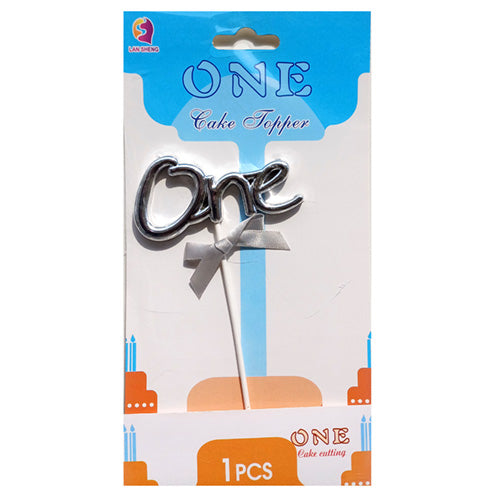 ONE Cake Topper with ribbon - Silver Pack - Party Wholesale Hub