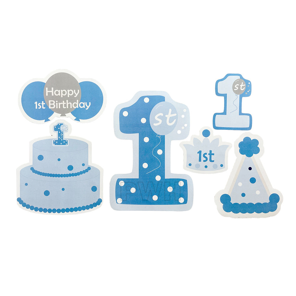 First Birthday party cut-out decorations set for baby boy and baby girl celebrations, wall decoration, photo backdrops, and wholesale party supplies.