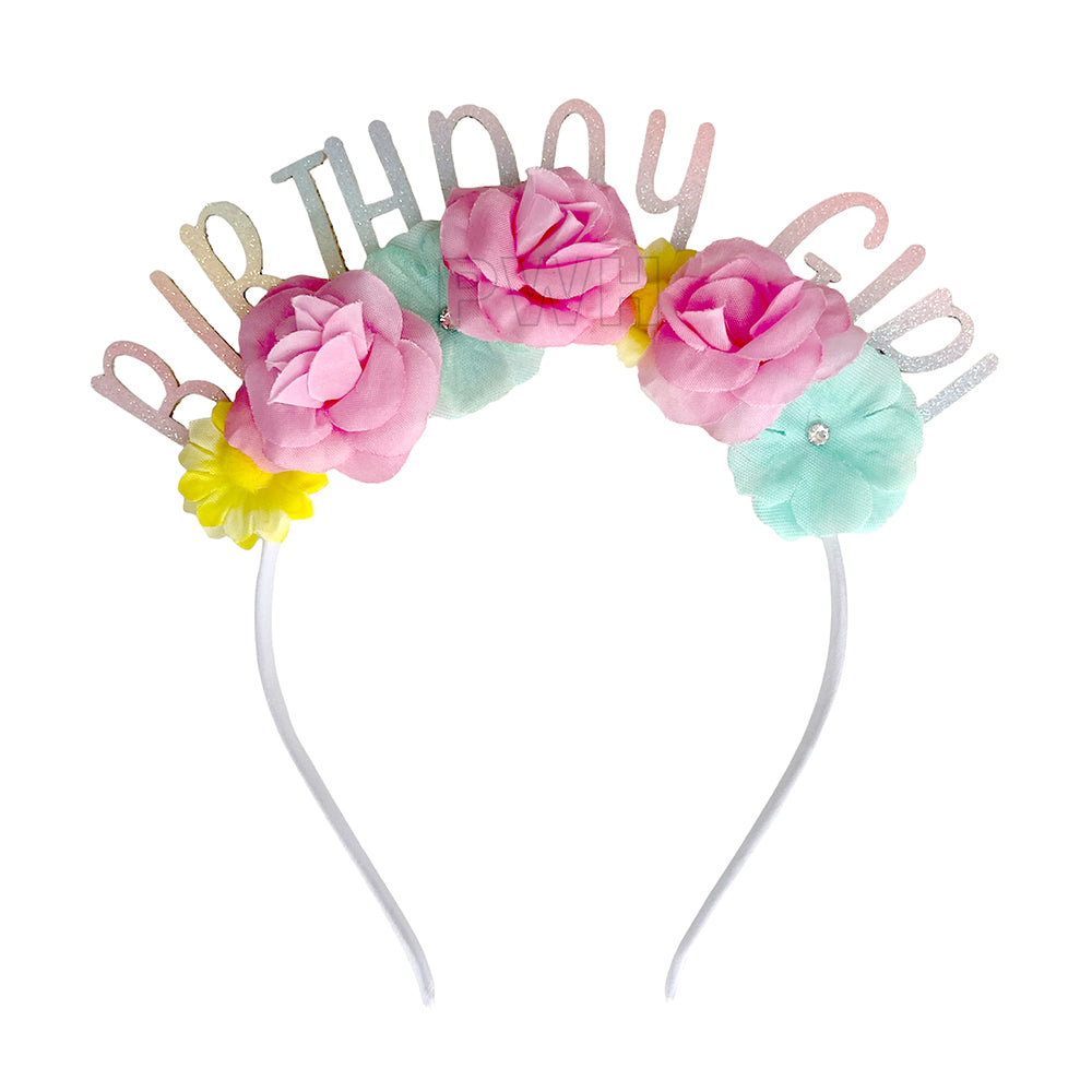 Floral Happy Birthday head band for birthday parties, cake cutting celebrations, and event photoshoots from Party Wholesale Hub India