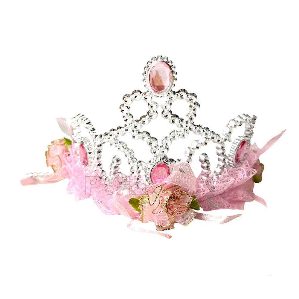 Luxury flowers with beads silver princess crown tiara for birthday parties, princess theme celebrations, photoshoots, and royal event decorations from Party Wholesale Hub India.