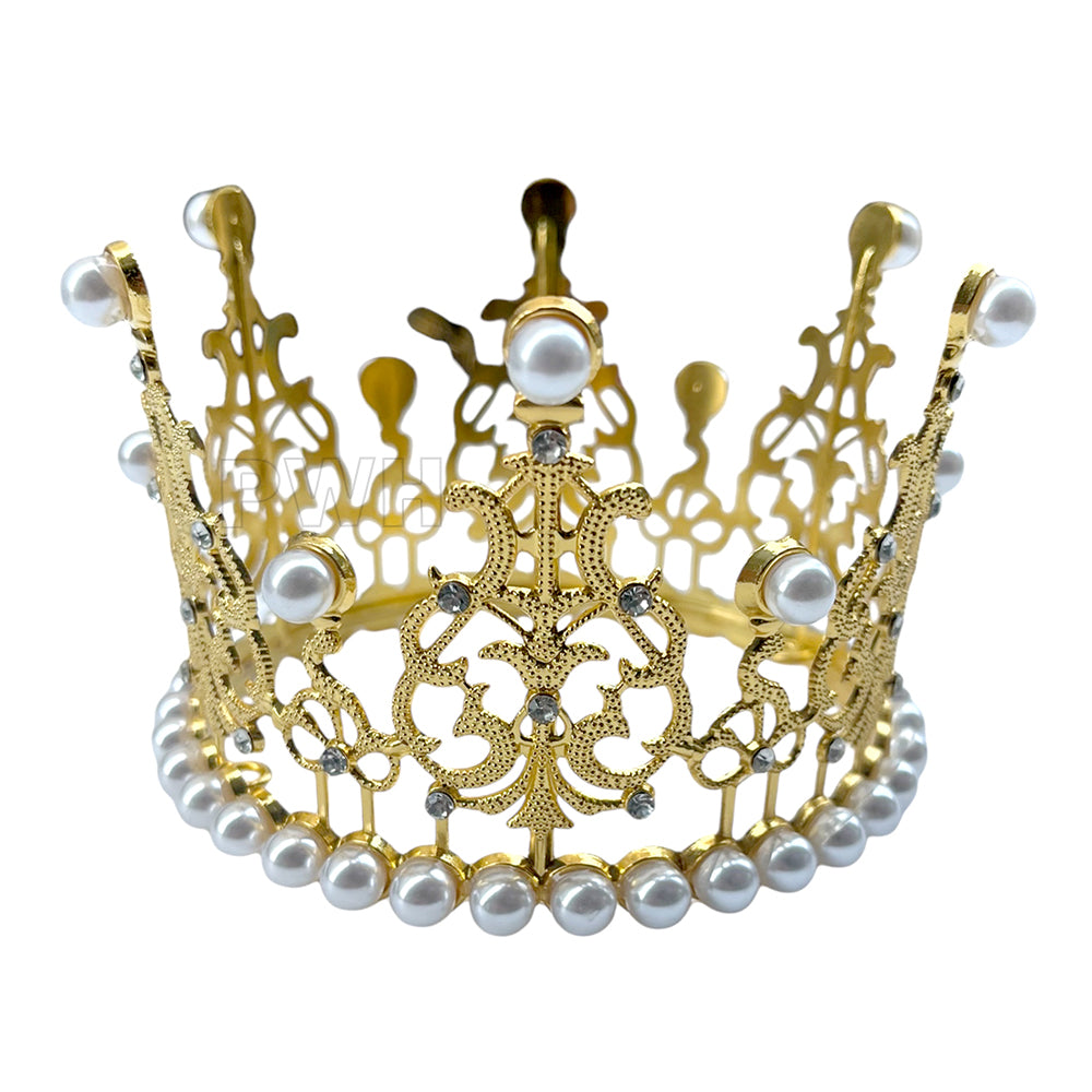 Full round queen pearl hair crown in gold and silver colors for weddings, bridal showers, bachelorette parties, and royal theme celebrations from Party Wholesale Hub India