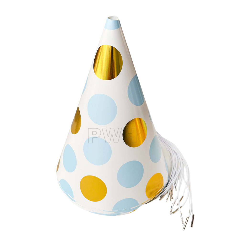 Gold imprint polka party caps pack of 10 for birthday celebrations and wholesale party supplies from Party Wholesale Hub India.
