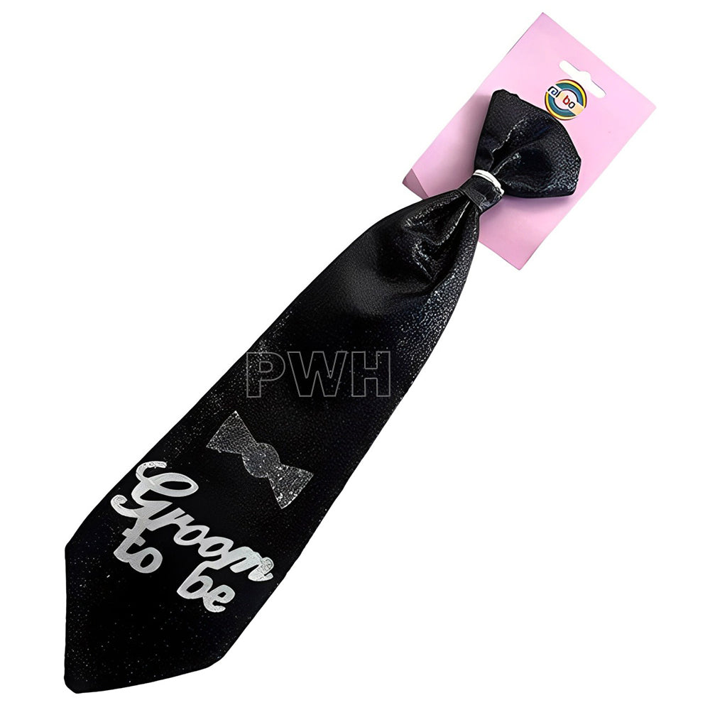 Black Groom To Be fabric party tie for bachelor parties, stag nights, engagement celebrations, wedding events, and wholesale party supplies.