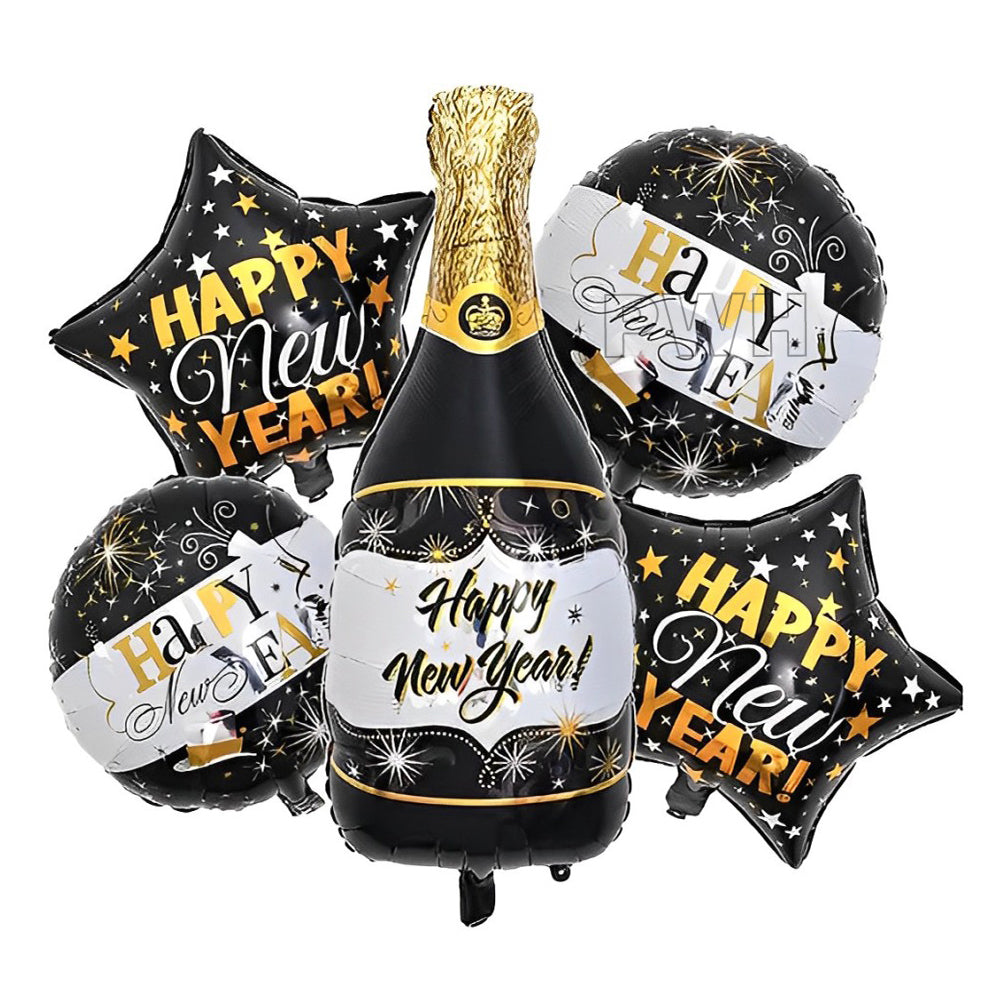 Premium Happy New Year Bottle 5-in-1 Champagne Foil Balloons Bouquet Set for New Year's Eve Party, Corporate Celebration, Hotel Events and Wholesale Party Supplies