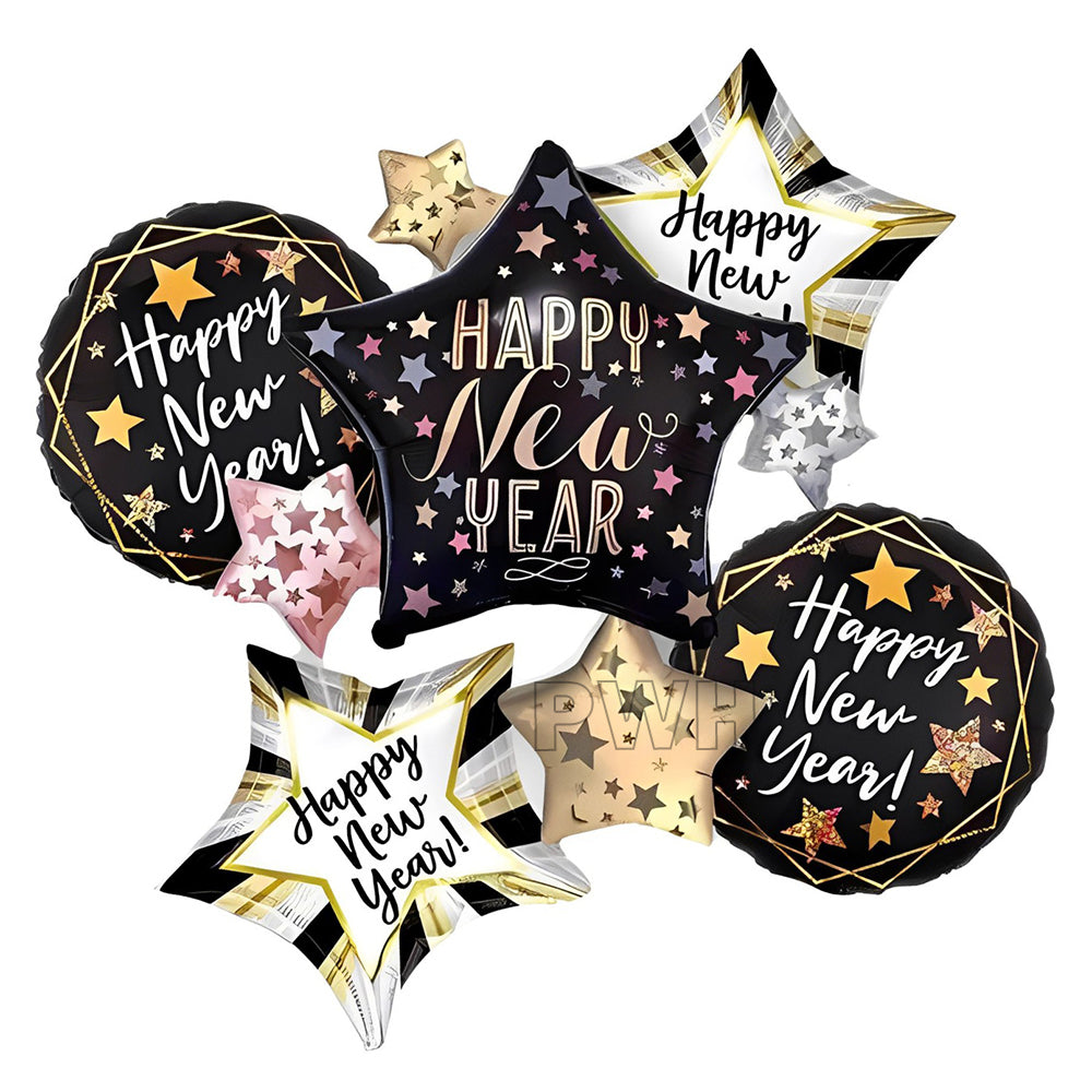 Premium Happy New Year Three Stars 5-in-1 Foil Balloons Bouquet Set for New Year's Eve Party, Countdown Celebration, Corporate Events and Wholesale Party Supplies