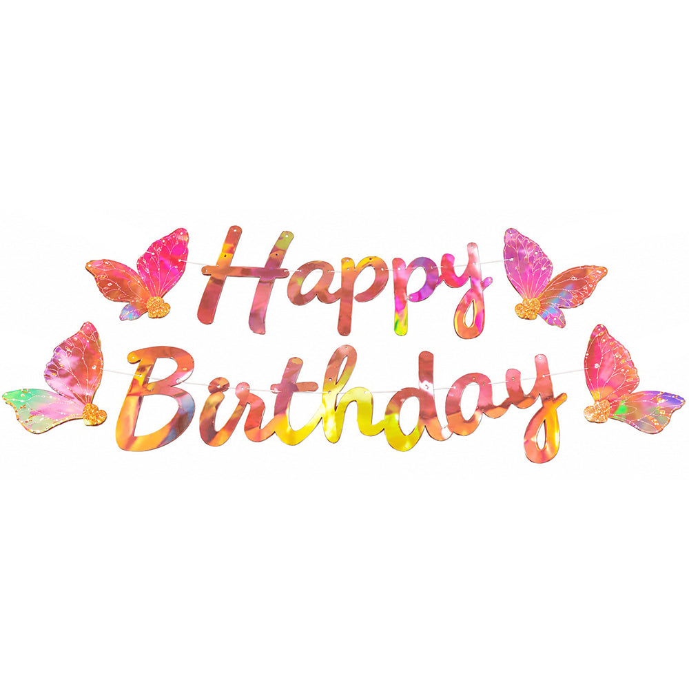 Holographic Shiny Happy Birthday Bow and Butterfly Paper Banner in assorted colours for kids birthday party decoration