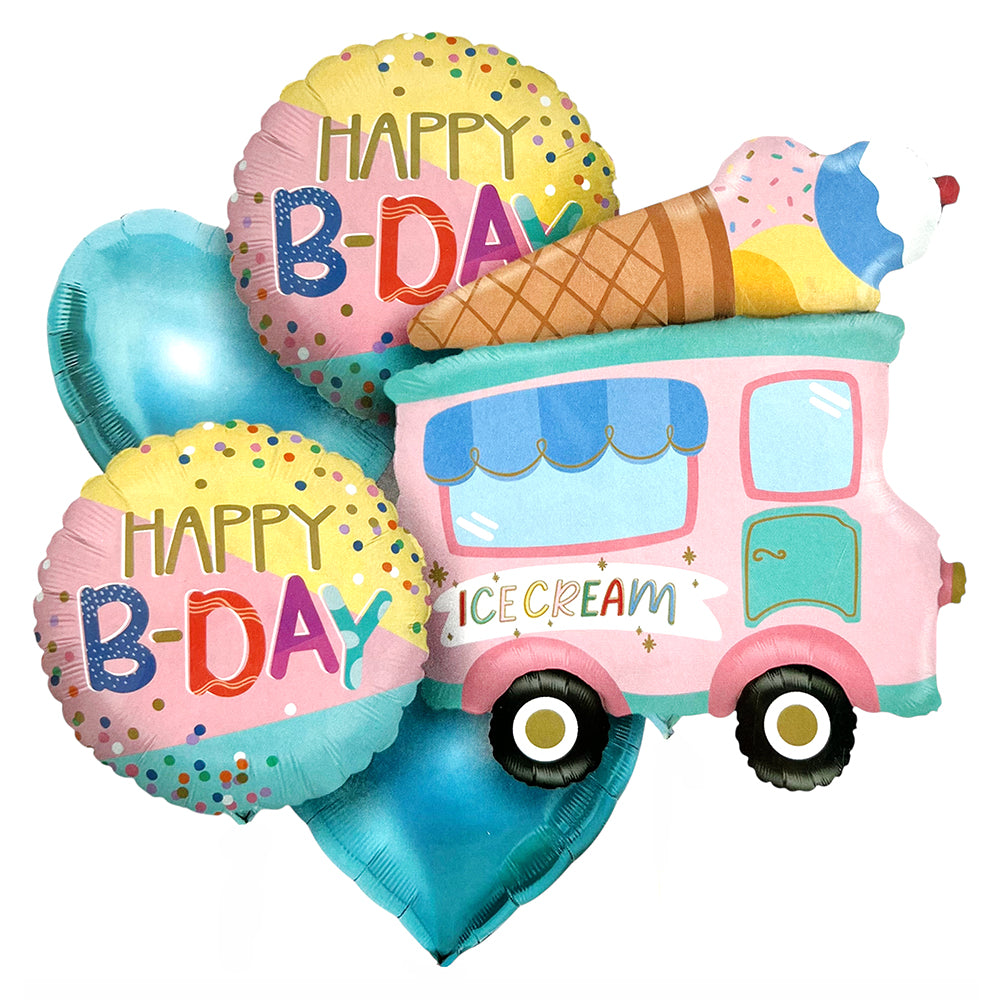 Ice Cream Truck 5 in 1 Mylar Foil Balloon Bouquet Set for kids birthday and ice cream theme party decoration available at wholesale from Party Wholesale Hub
