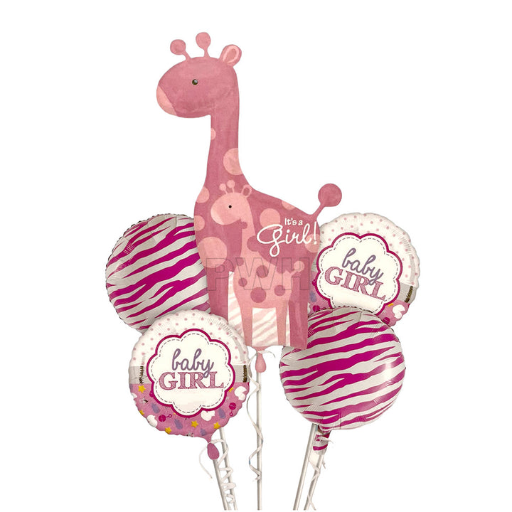 Premium It's A Girl 5 in 1 New Arrival Baby Shower Giraffe Foil Balloons Bouquet Set for Baby Girl Welcome Party Decorations, Baby Shower Event Decor and Wholesale Party Supplies
