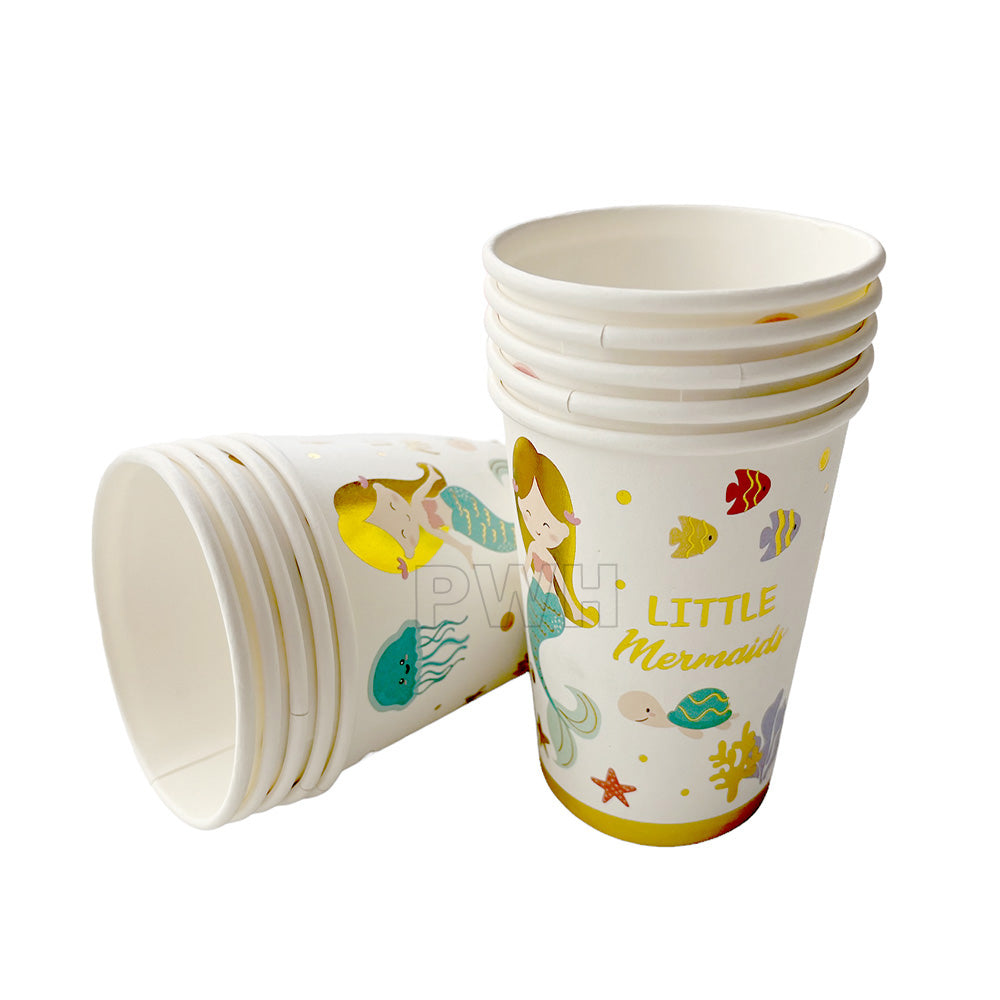 Little Mermaid theme glitter paper cups pack of 10 for kids birthday party table decoration and beverage serving wholesale.