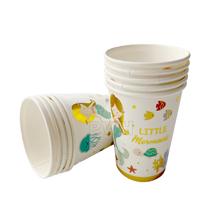 Little Mermaid theme glitter paper cups pack of 10 for kids birthday party table decoration and beverage serving wholesale.
