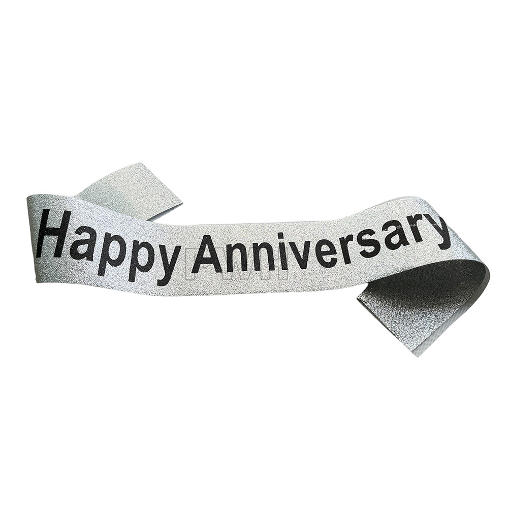 Luxury Happy Anniversary glitter satin party sash for wedding anniversary celebrations, vow renewal ceremonies, couple photoshoots, and milestone events from Party Wholesale Hub India.