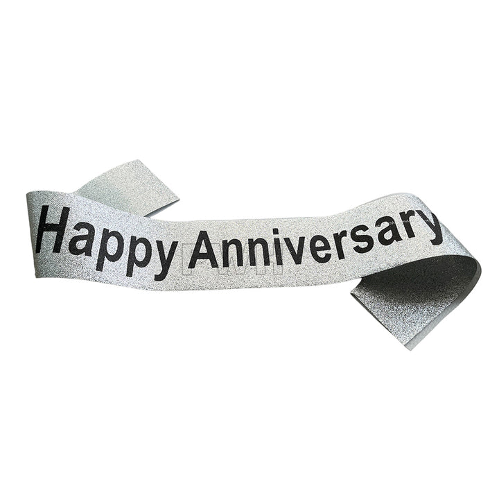 Luxury Happy Anniversary glitter satin party sash for wedding anniversary celebrations, vow renewal ceremonies, couple photoshoots, and milestone events from Party Wholesale Hub India.