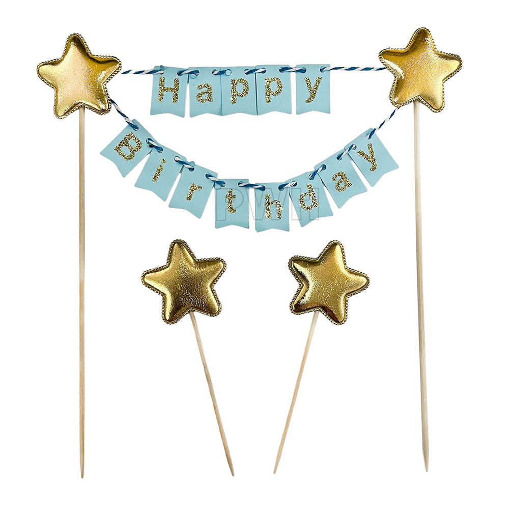 Happy Birthday Cake Topper Banner Bunting in Blue and Pink with fabric banner and wooden sticks for birthday cake decoration available in bulk from Party Wholesale Hub.