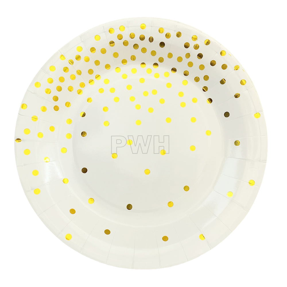 Premium 9 inch white and golden polka dots glitter paper food plates for elegant birthday parties, baby showers, anniversaries, and celebration table settings by PartyWholesale India