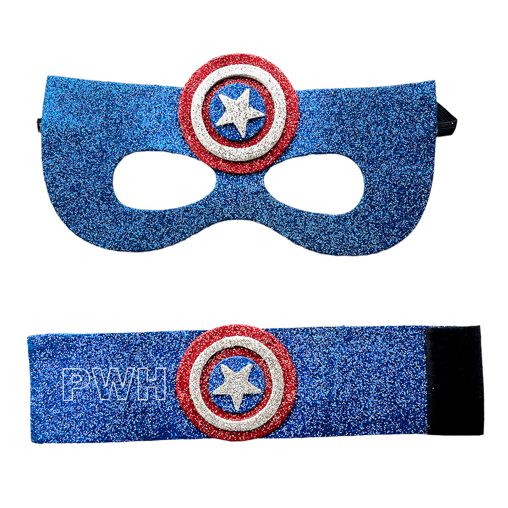 Luxury premium Captain America superheroes mask and wrist bands costume accessory set for kids' birthday parties, superhero theme celebrations, cosplay, school events, and fancy dress competitions from Party Wholesale Hub India.