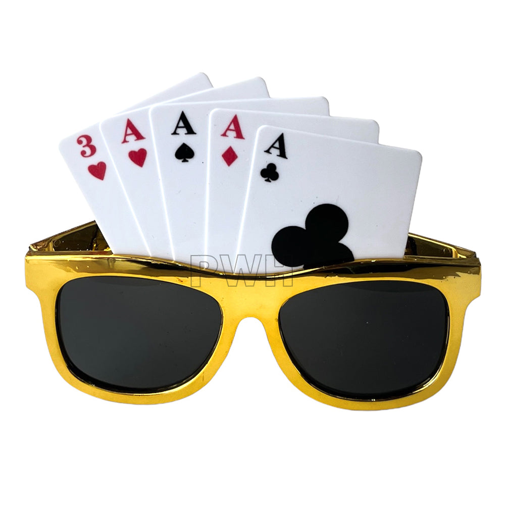 Luxury premium casino playing cards theme party goggles in golden finish for poker nights, casino theme parties, birthdays, bachelor parties, office events, and photo booth accessories from Party Wholesale Hub India.