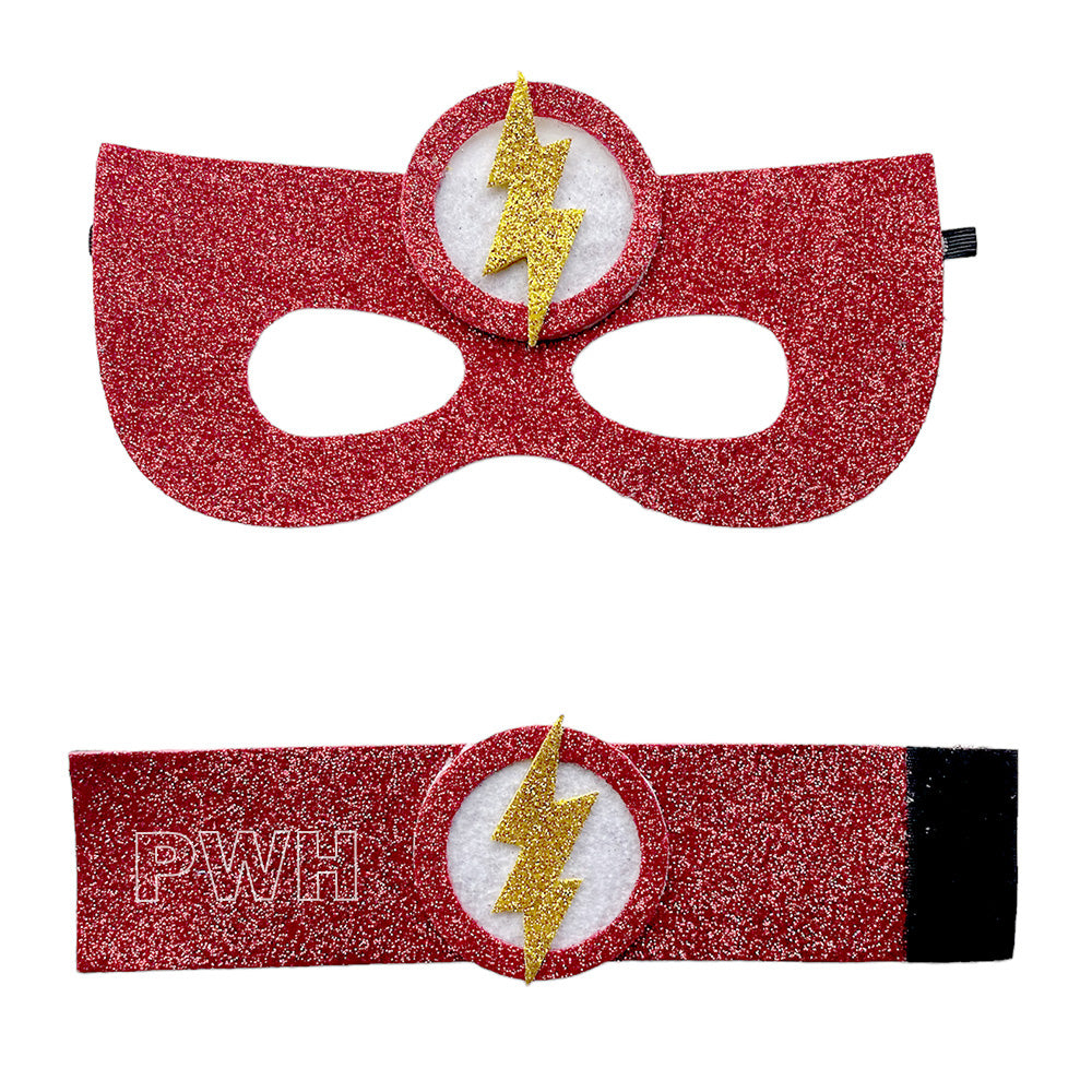 Luxury premium Flash superheroes mask and wrist bands costume accessory set for kids' birthday parties, superhero theme celebrations, cosplay, school events, and fancy dress competitions from Party Wholesale Hub India.