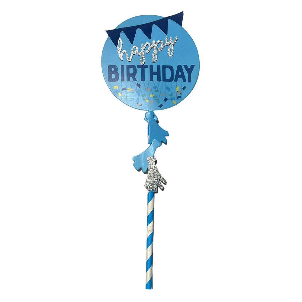Premium Happy Birthday Flags cake topper banner with fabric flags and wooden sticks in Blue and Pink for birthday cake decoration from Party Wholesale Hub.