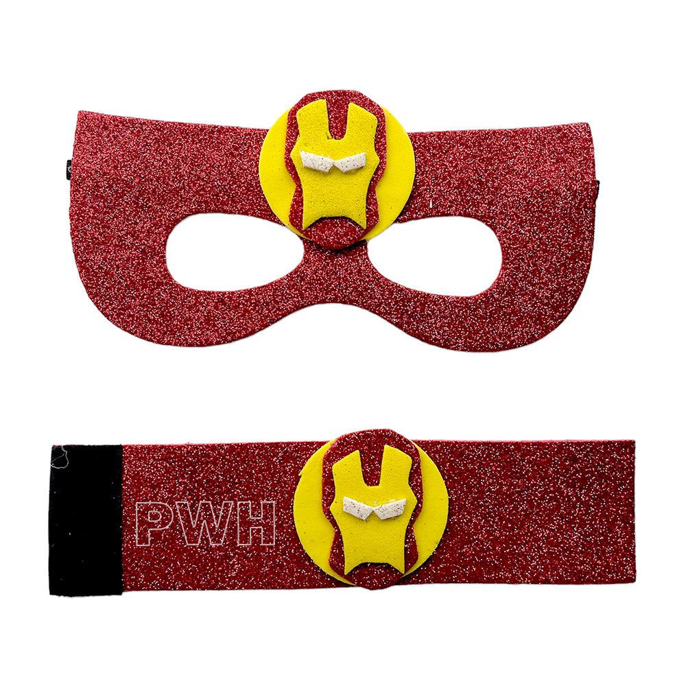 Luxury premium Iron Man superheroes mask and wrist bands costume accessory set for kids' birthday parties, superhero theme celebrations, cosplay, school events, and fancy dress competitions from Party Wholesale Hub India.