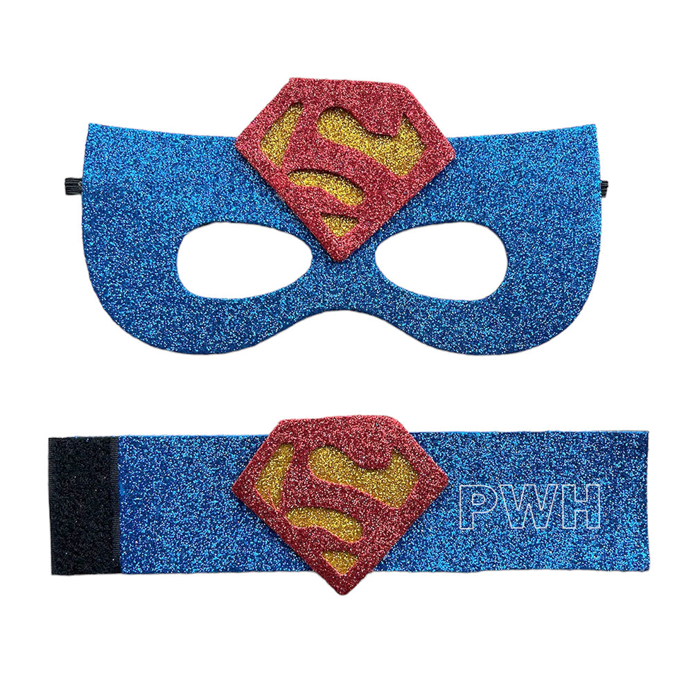 Luxury premium Superman superheroes mask and wrist bands costume accessory set for kids' birthday parties, superhero theme celebrations, cosplay, school events, and fancy dress competitions from Party Wholesale Hub India.