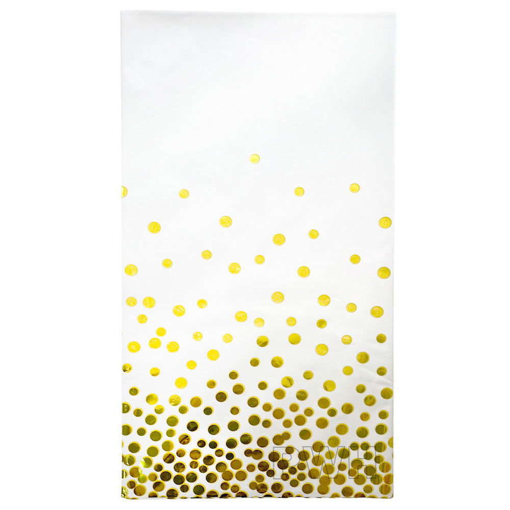 White and gold polka dots glitter plastic table cover for birthday parties, baby showers, and elegant event table decoration from Party Wholesale Hub India.