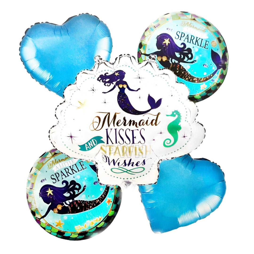 Premium Mermaid Shell 5-in-1 Mylar Foil Balloon Bouquet Set for Mermaid Birthday Party, Under the Sea Theme, Baby Shower and Wholesale Party Supplies