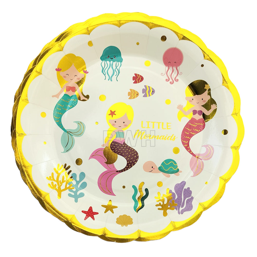 Mermaid Theme glossy 9 inch paper food plates pack of 10 for kids birthday party tableware and disposable party dining wholesale.