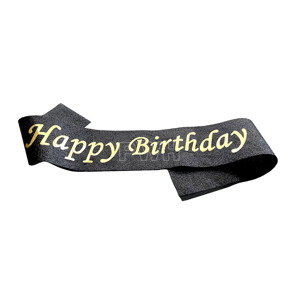 Midnight black Happy Birthday glitter satin party sash for kids' and adult birthday celebrations, milestone parties, cake-cutting ceremonies, and birthday photoshoots from Party Wholesale Hub India.