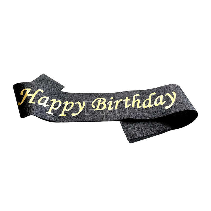 Midnight black Happy Birthday glitter satin party sash for kids' and adult birthday celebrations, milestone parties, cake-cutting ceremonies, and birthday photoshoots from Party Wholesale Hub India.
