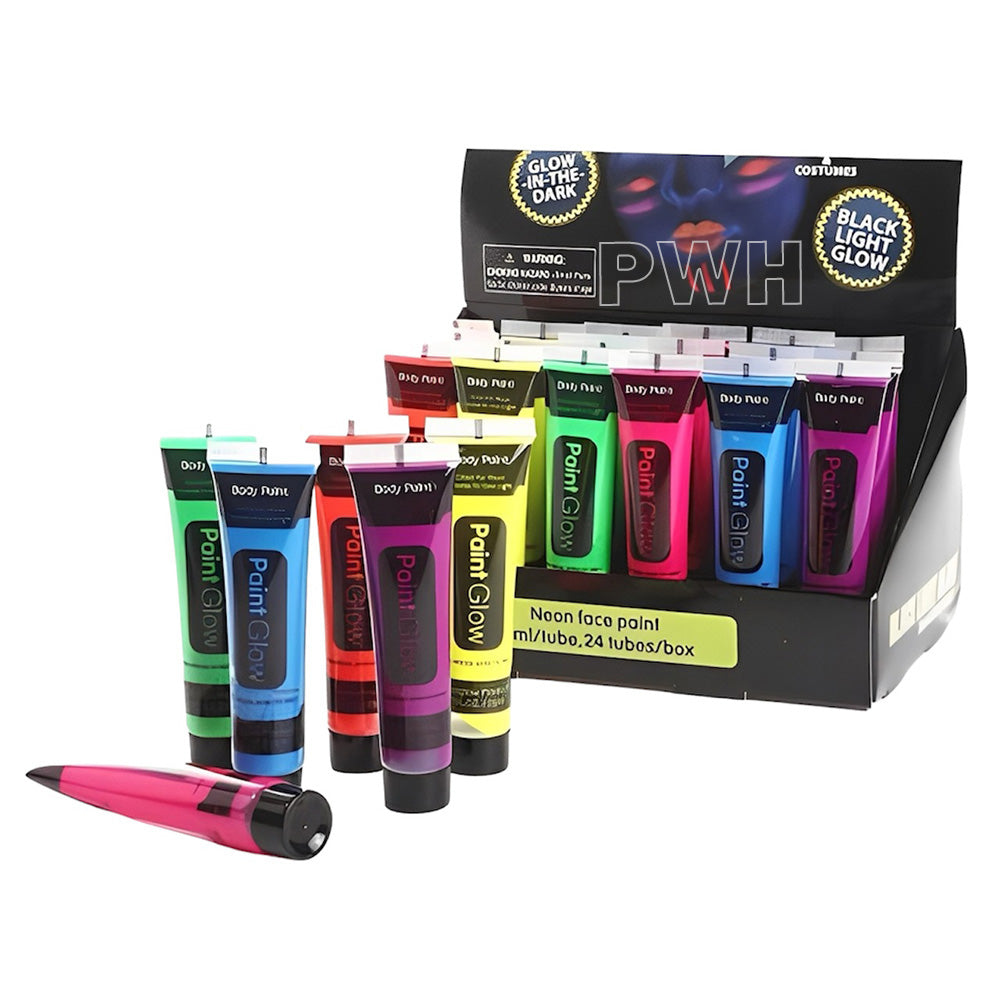 Neon face paints in assorted colors for Halloween, cosplay, birthday parties, sports events, festivals, and wholesale party supplies.