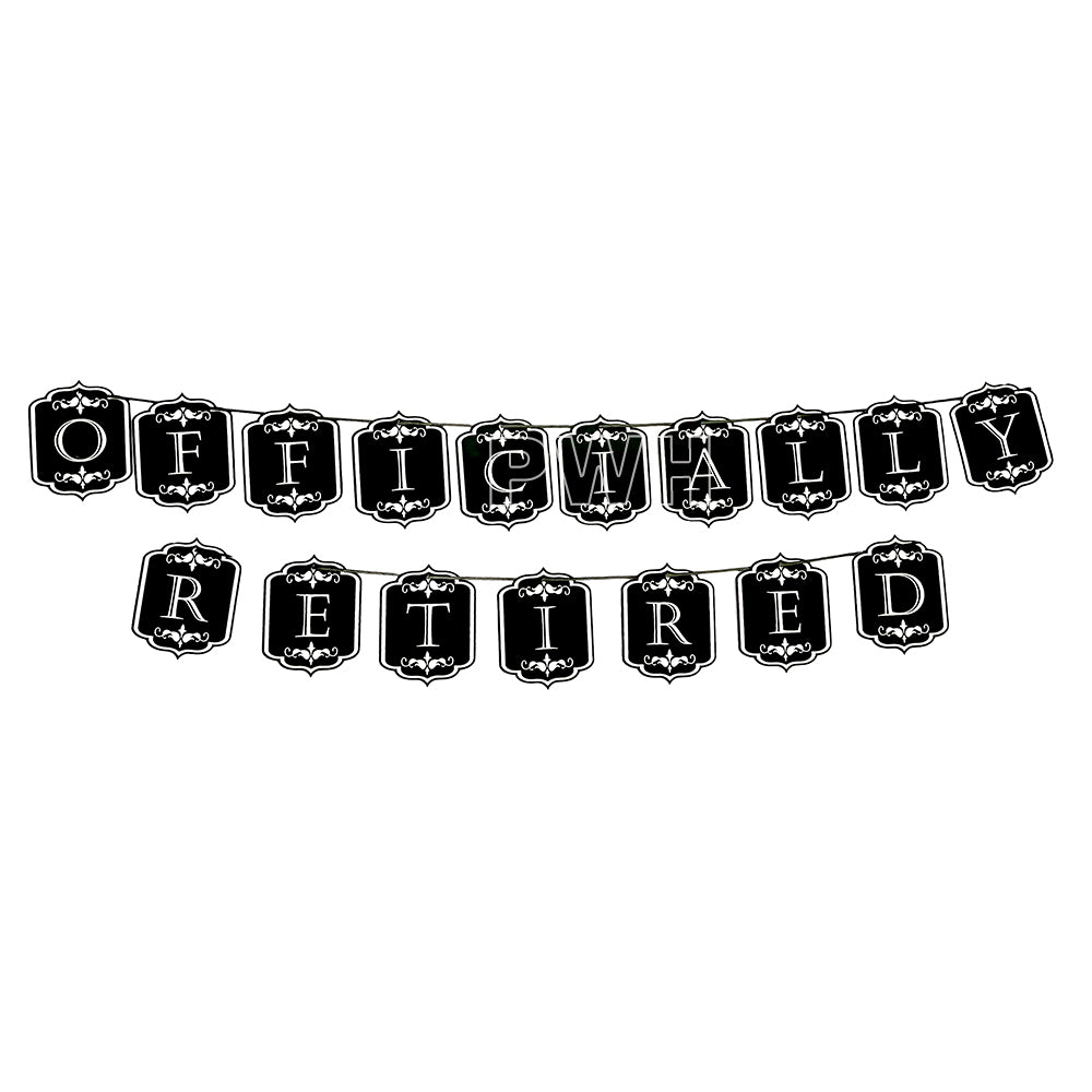 Officially Retired black decorative paper wall banner for retirement party, office farewell celebration, cake table backdrop, and photo booth decoration available in bulk from Party Wholesale Hub.