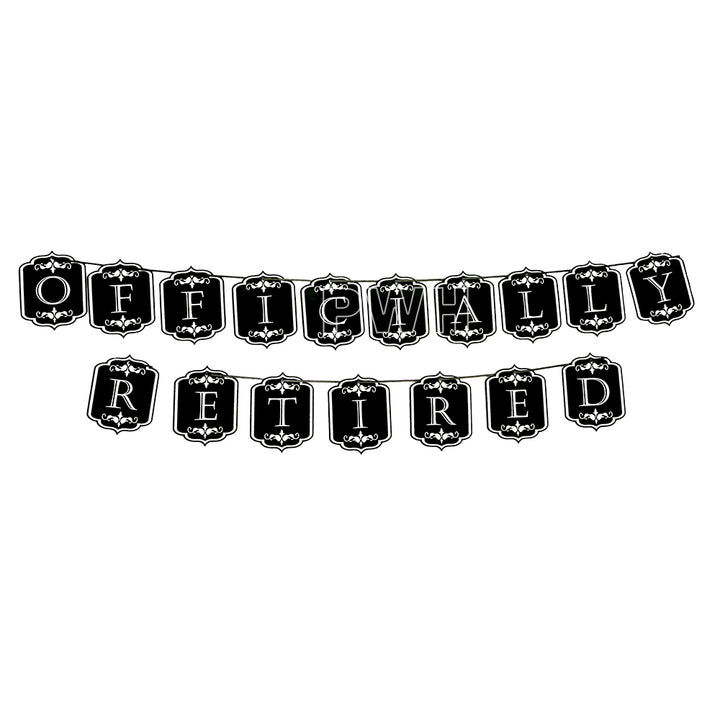 Officially Retired black decorative paper wall banner for retirement party, office farewell celebration, cake table backdrop, and photo booth decoration available in bulk from Party Wholesale Hub.