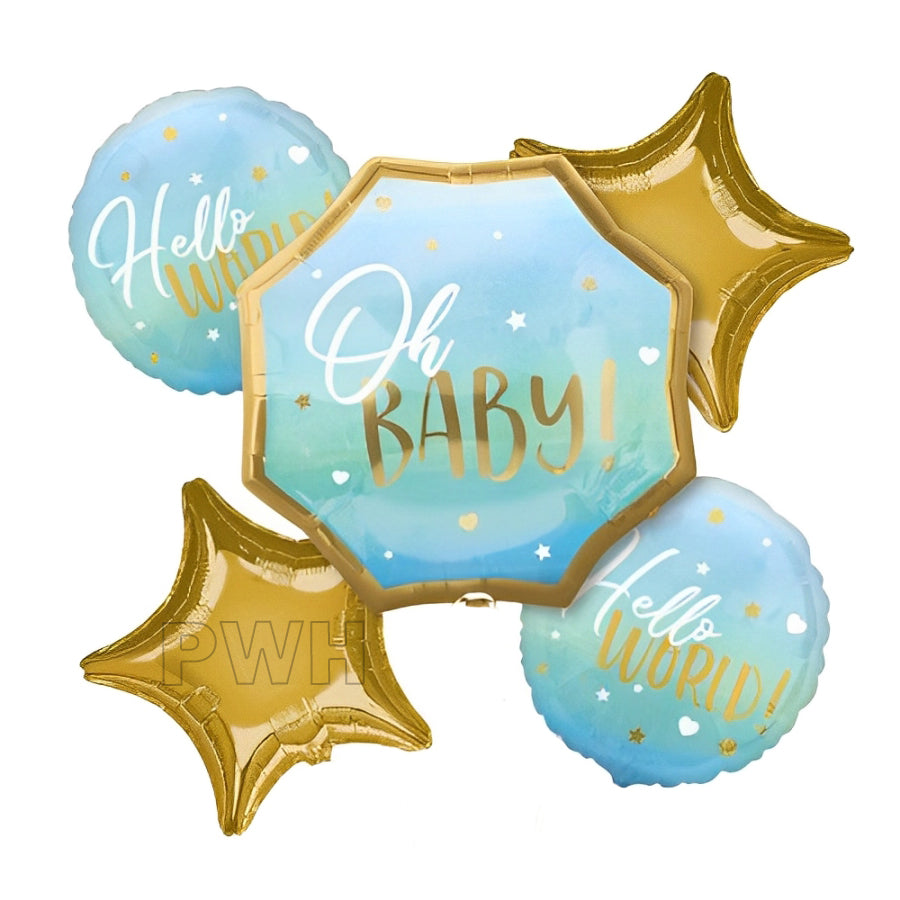 Premium Oh Baby Hello World Baby Boy Arrival 5 Piece Mylar Foil Balloon Decoration Set for Baby Shower, Welcome Baby Party, Hospital Room Décor and Wholesale Party Supplies