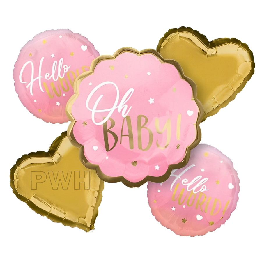 Premium Oh Baby Hello World Baby Girl Arrival 5 Piece Mylar Foil Balloon Decoration Set for Baby Shower, Welcome Baby Party, Hospital Room Décor and Wholesale Party Supplies