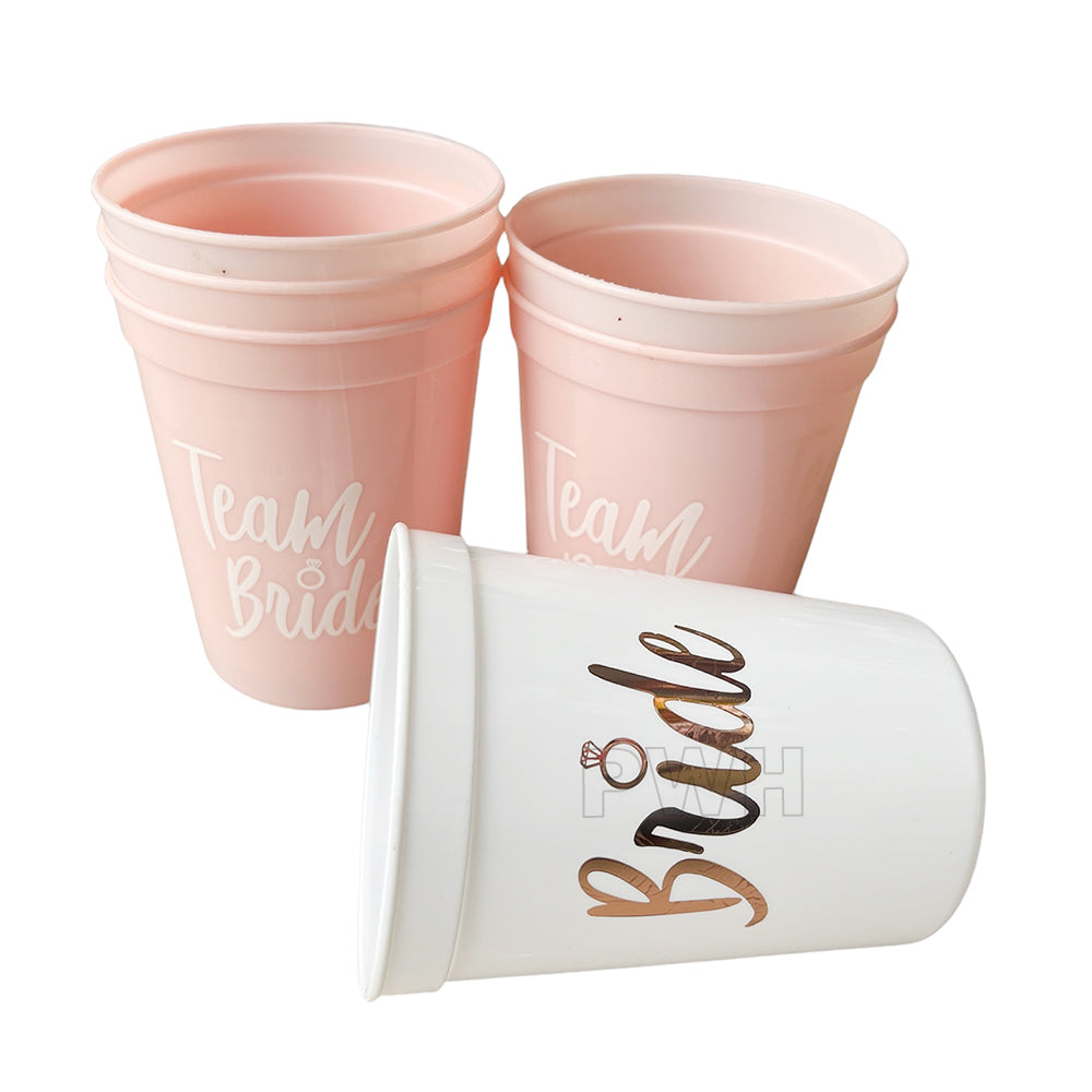 One Bride Five Team Bride paper cups set of 6 for bachelorette parties, bridal showers, hen nights, and wedding celebrations from Party Wholesale Hub India.