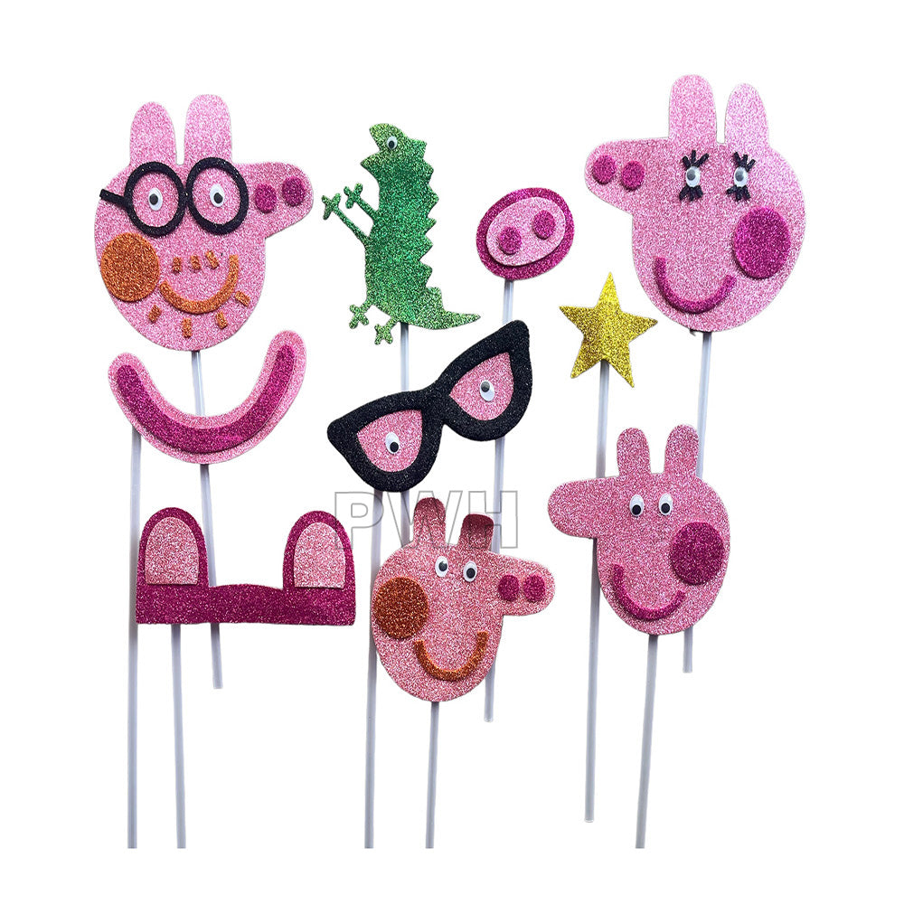 Peppa Pig theme party photo booth props set with colorful EVA foam character designs for kids' birthday parties, themed celebrations, and fun photo booths from Party Wholesale Hub India.