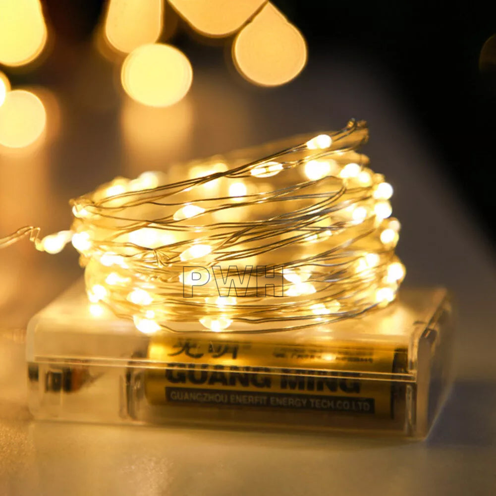 10M warm LED battery operated fairy lights string with plastic coated wire for birthday, wedding, home décor, and event decoration from Party Wholesale Hub.
