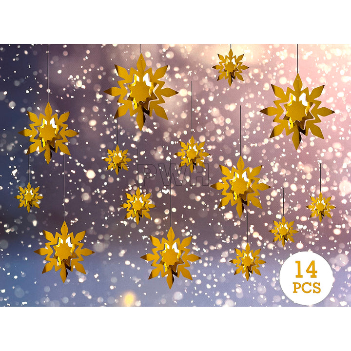 14 pcs snowflakes hanging swirls decoration set in gold and silver for Christmas, winter wonderland, and festive party decoration available wholesale from Party Wholesale Hub