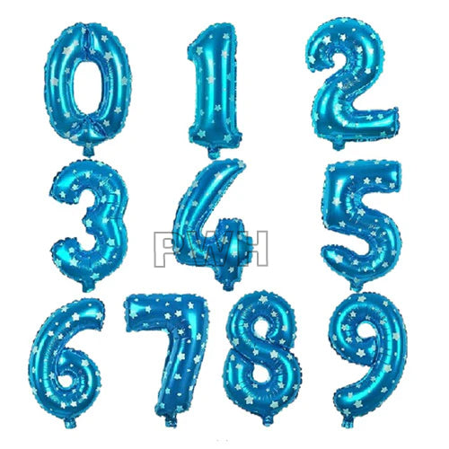 16 inches blue foil number balloons 0 to 9 with metallic glossy finish for birthday, anniversary, baby shower, and party decoration from Party Wholesale Hub.