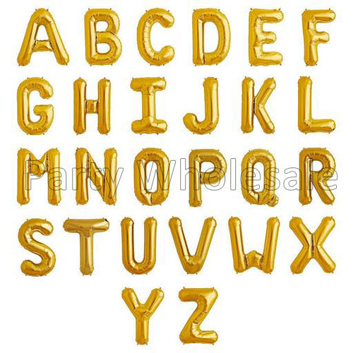16 inches golden foil alphabet balloons A to Z with metallic glossy finish for personalized birthday, wedding, anniversary, and party decoration from Party Wholesale Hub.