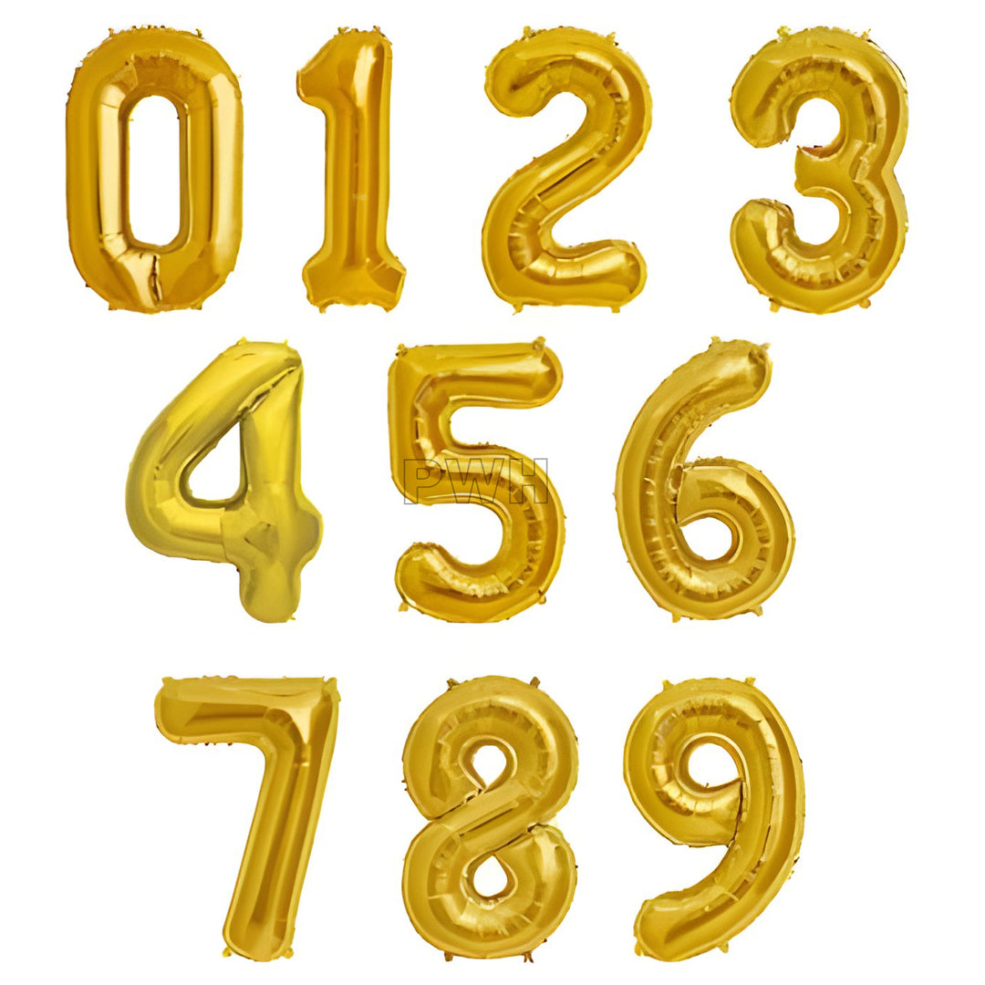 16 inches golden foil number balloons 0 to 9 with metallic finish for birthday, anniversary, milestone celebration, and party decoration from Party Wholesale Hub.