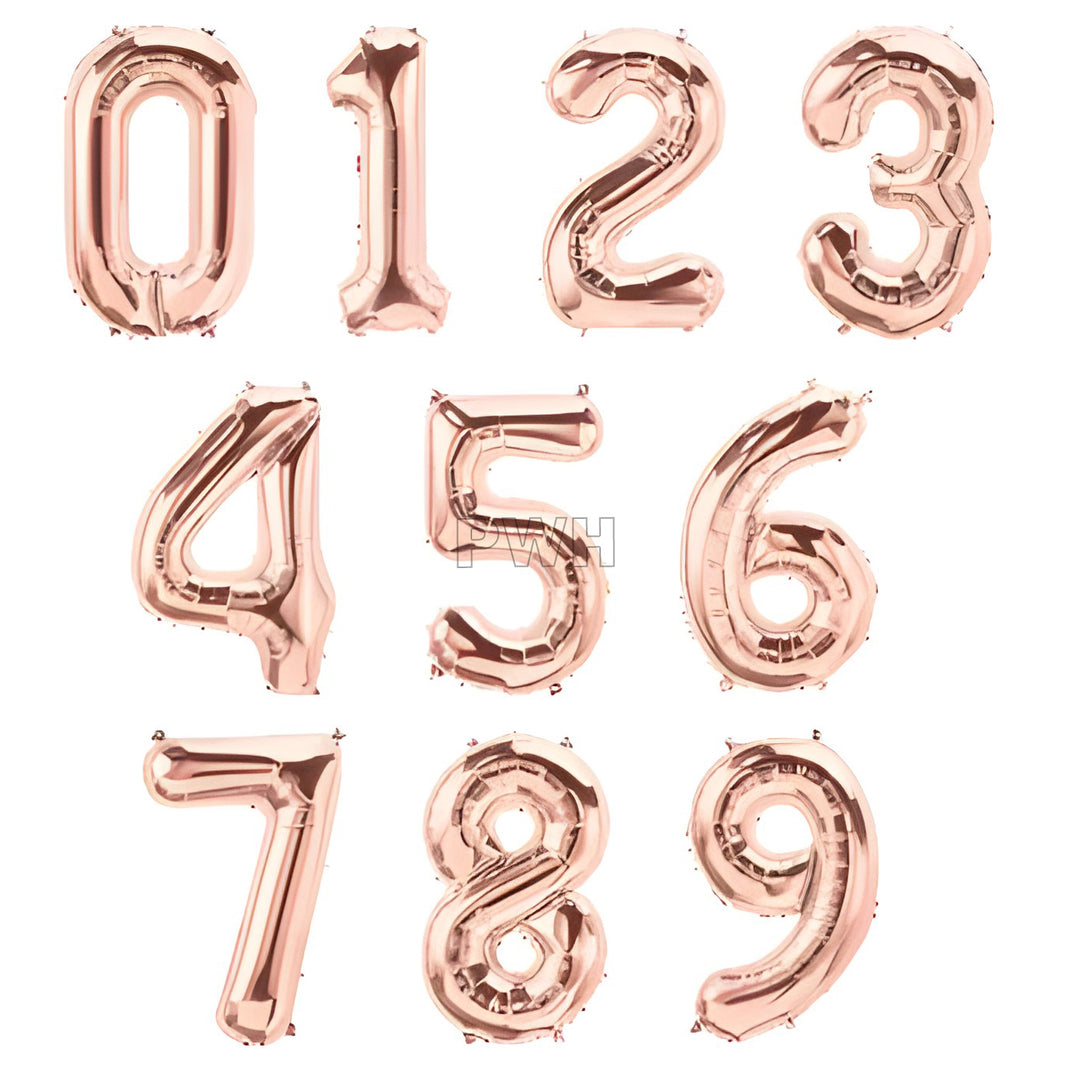 16 inches rose gold foil number balloons 0 to 9 with metallic finish for birthday, anniversary, milestone celebration, and party decoration from Party Wholesale Hub.