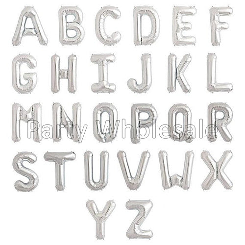 16 inches silver foil alphabet balloons A to Z with metallic glossy finish for personalized birthday, wedding, anniversary, and party decoration from Party Wholesale Hub.