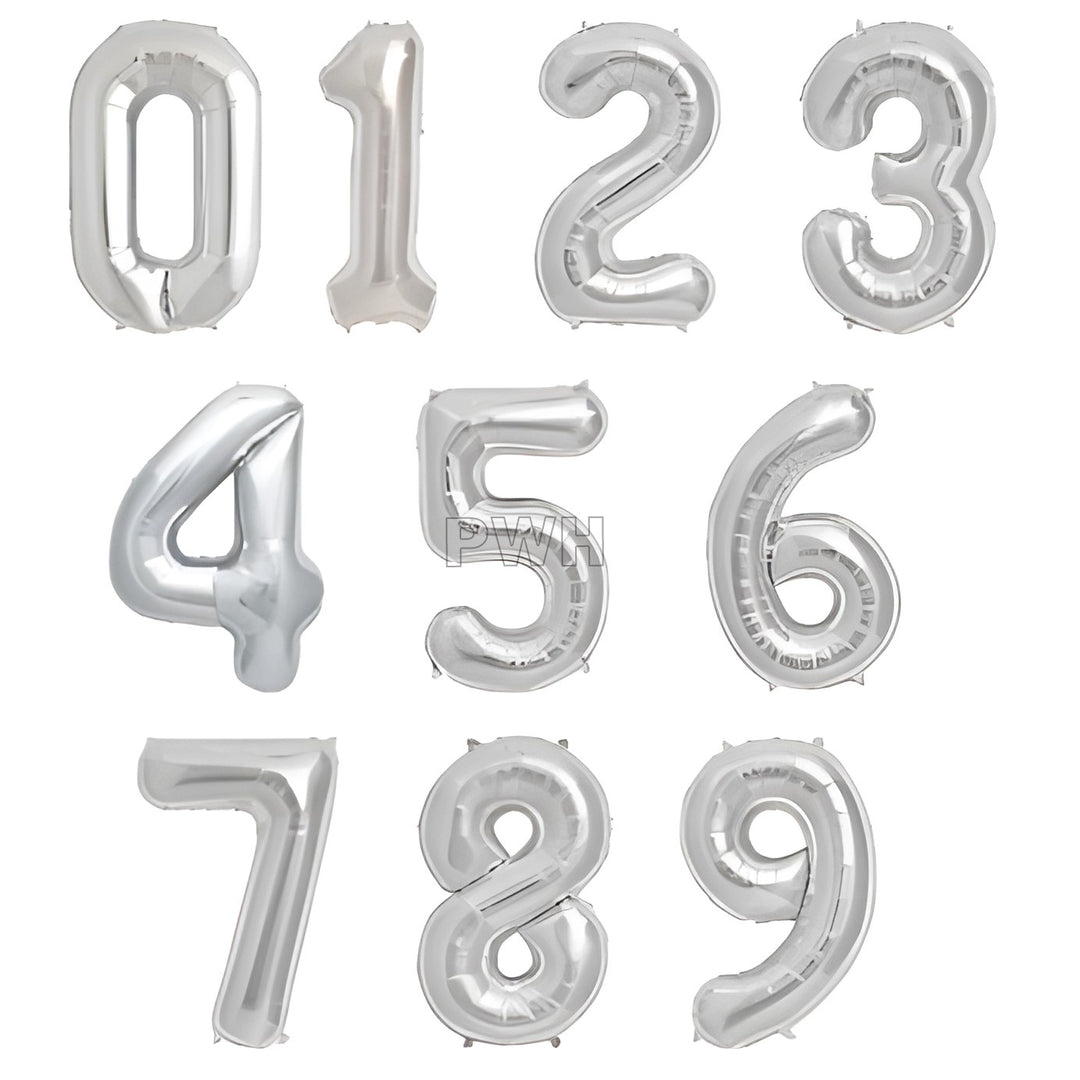16 inches silver foil number balloons 0 to 9 with metallic glossy finish for birthday, anniversary, milestone celebration, and party decoration from Party Wholesale Hub.