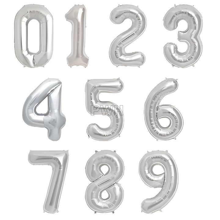 16 inches silver foil number balloons 0 to 9 with metallic glossy finish for birthday, anniversary, milestone celebration, and party decoration from Party Wholesale Hub.