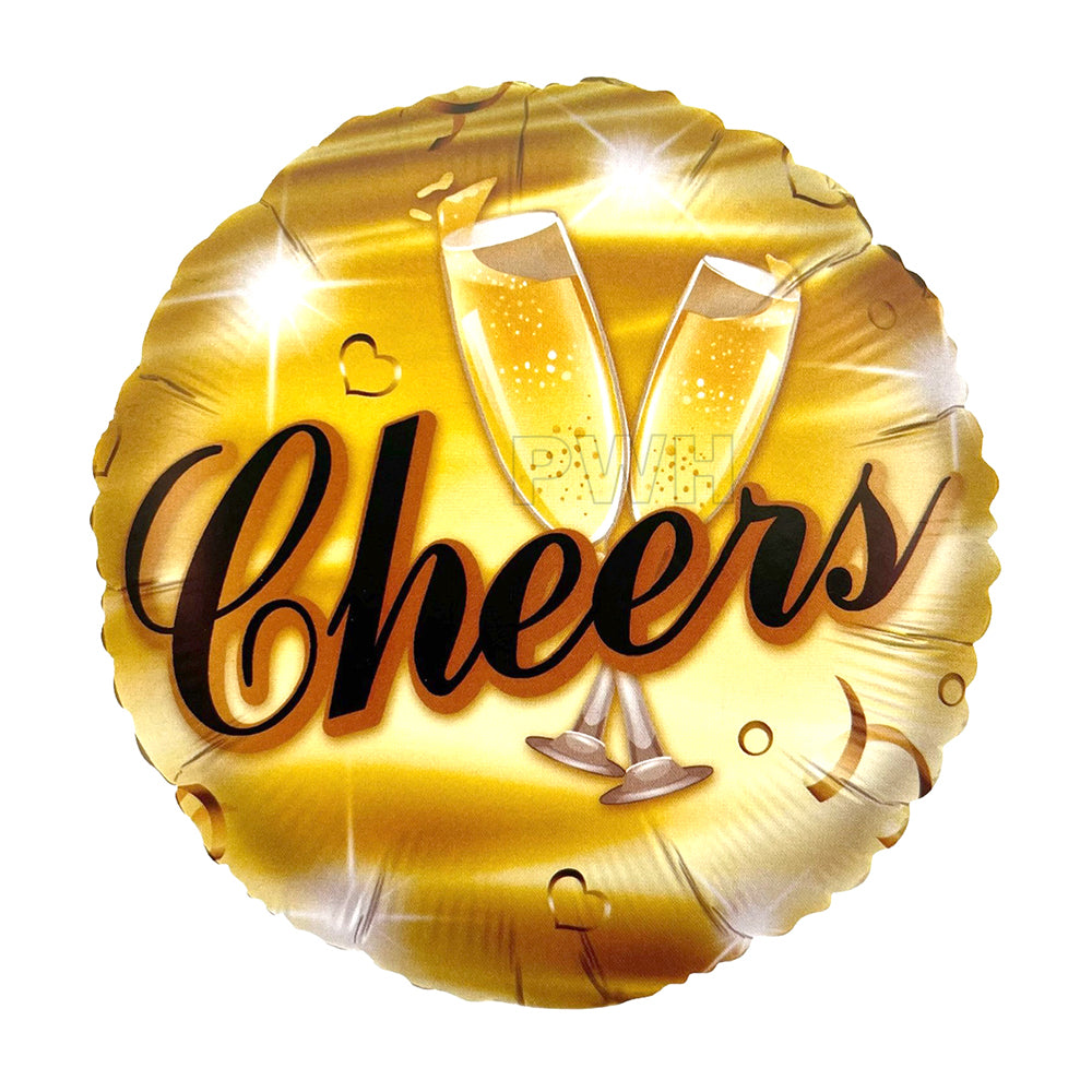 18 inch Happy Birthday Cheers gold Mylar foil balloon with glossy metallic finish for kids' and adults' birthday party decorations from Party Wholesale Hub.