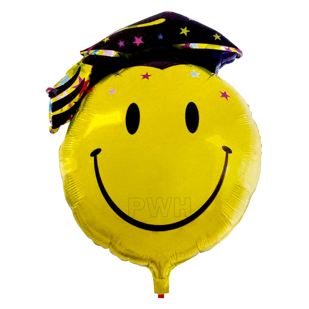 18 inch smiley grad emoji Mylar foil balloon for graduation ceremony, school farewell, college convocation, and achievement party decoration from Party Wholesale Hub.