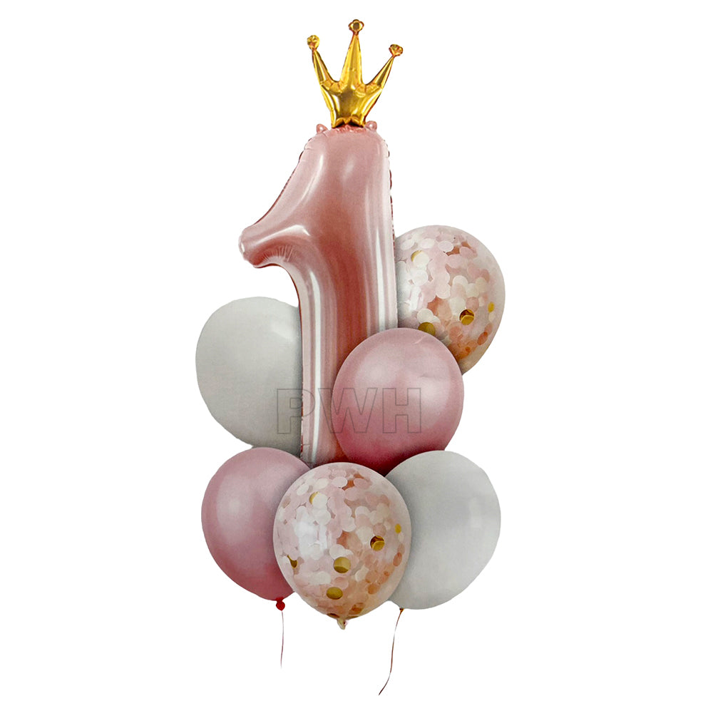 Premium 1st Birthday Crown Foil Balloon Set with 35 inch pink crown foil balloon and 6 latex balloons for first birthday party decoration from Party Wholesale Hub.